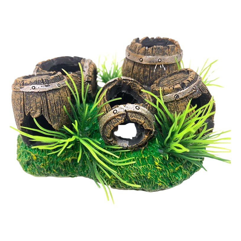 Cubo de vino de resina, pecera, adornos pequeños, adornos, tanque de agua, paisaje, cría de peces y camarones, refugio, estilo de explosión de acuario