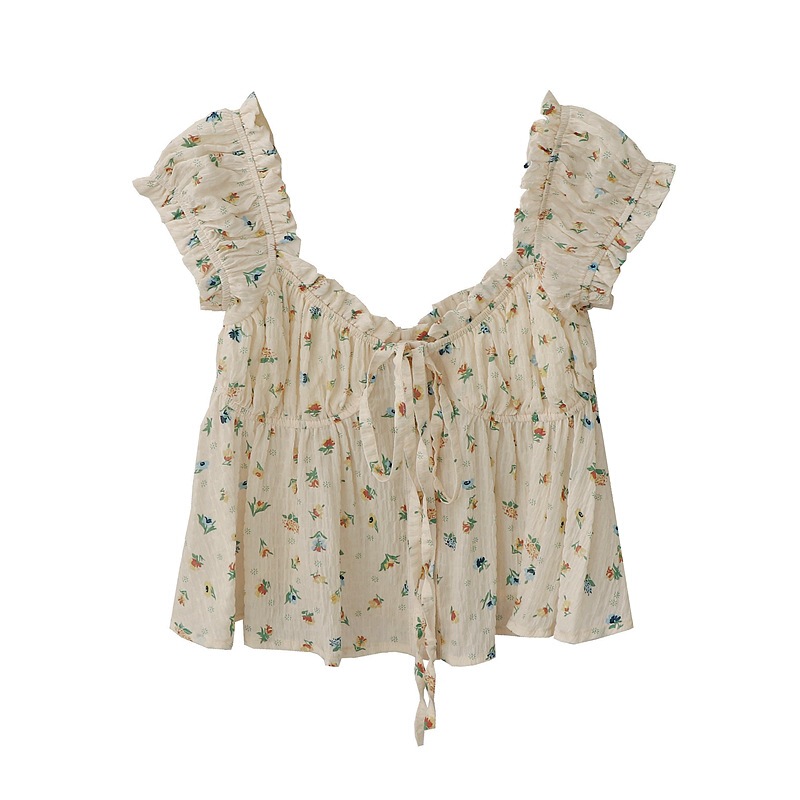 Summer New Japanese Pastoral Style Fresh Style Floral Square Collar Ear Lace Loose Sleeveless Shirt Top for Women