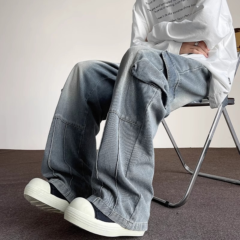 Pocket Cargo Jeans Men's Straight Loose Wide-Leg American High Street Pants Trendy Brand Handsome Washed Retro Trousers Pocket Cargo Jeans Men's Straight Loose Wide-Leg American High Street Pants Trendy Brand Handsome Washed Retro Trousers
