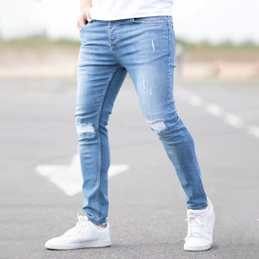 欧美高街男士修身小脚牛仔长裤男青年破洞牛仔浅蓝色大量现货厂家