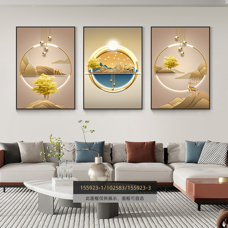 Pintura de decoración de la sala de estar moderna de lujo ligera Fukuyan atmósfera tripartita mural significa un buen fondo de sofá pintura colgante de pared