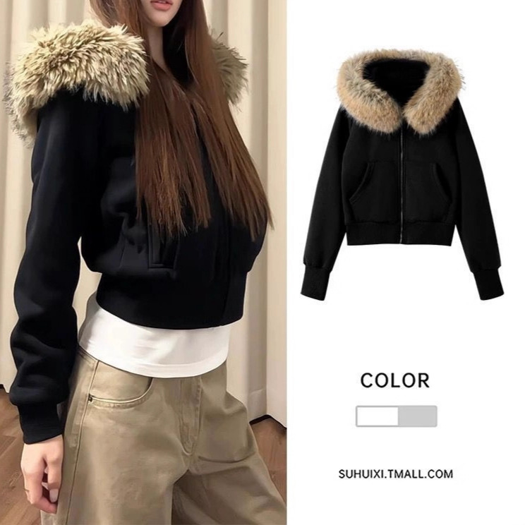 Gray Fur Collar American Hooded Sweatshirt Jacket for Women Fleece-Lined Short Top Waist Slim Hoodie Autum 2025