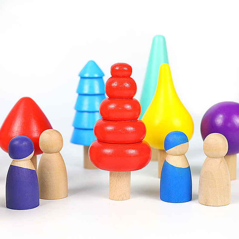 Nuevos bloques de construcción de arco iris de madera, árboles de bosque, hongos pequeños, ensamblados para niños, juguetes cognitivos educativos de la primera infancia