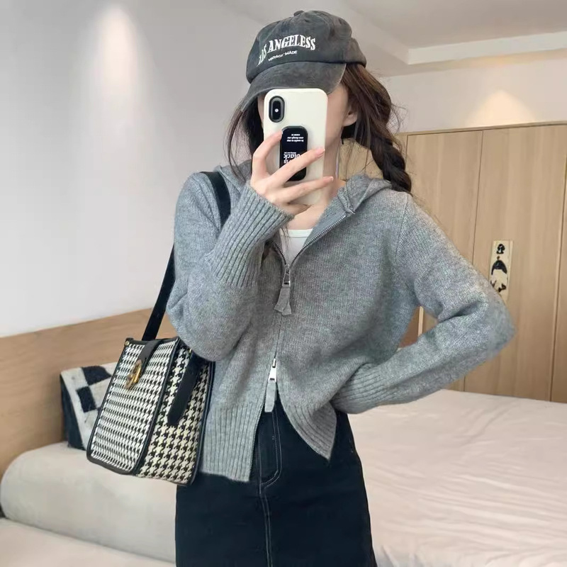 Pure desire style gray zipper shoulder hooded knitted cardigan women's autumn short sweater top niche sweater coat