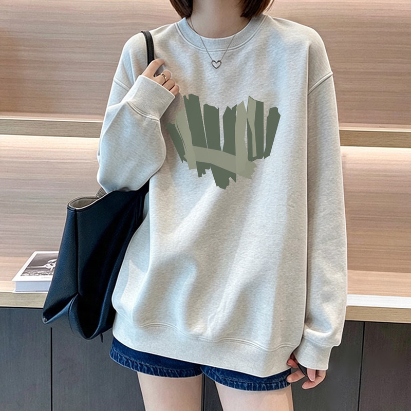 White and gray round-neck sweatshirt for women, new autumn 2026 design, trendy brand, fleece-lined, thick, long-sleeved jacket