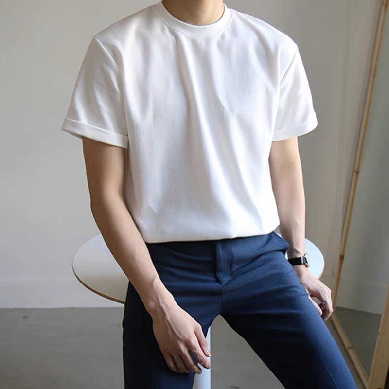 Double yarn 400g heavy solid color short-sleeved T-shirt men and women Summer loose cotton classic all-match white base shirt