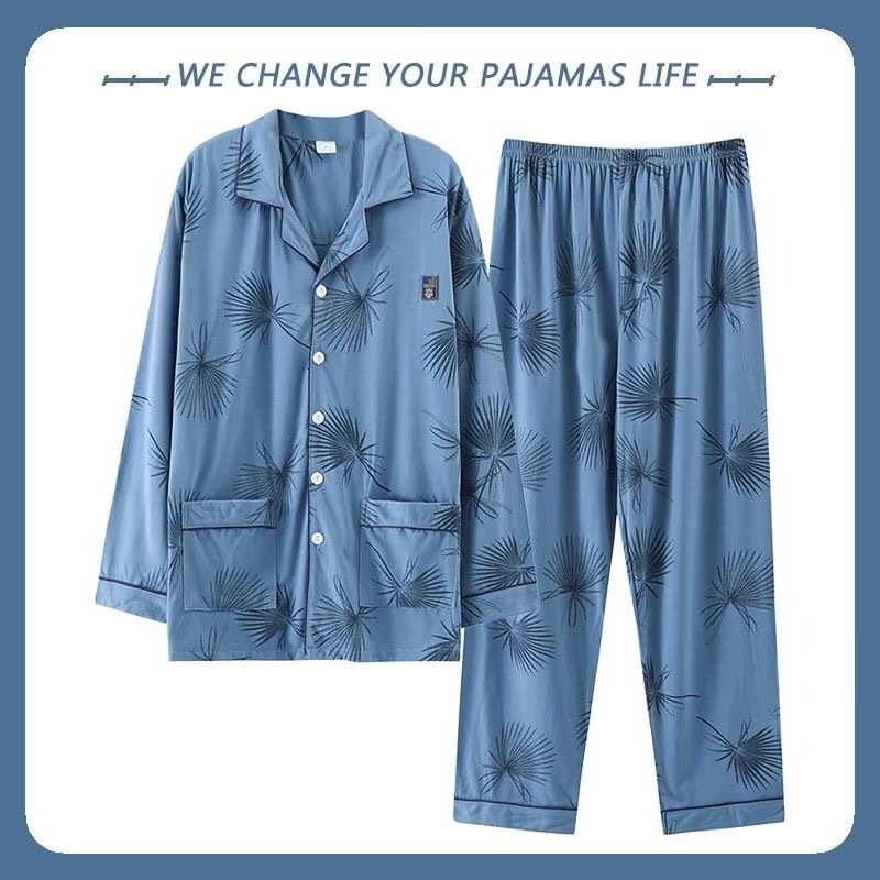 Pijamas de algodón para hombres primavera y otoño de alta calidad con solapa de manga larga, ropa de hogar para hombres de otoño y invierno se puede usar fuera