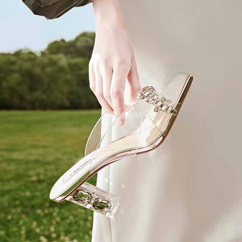 Women's Summer Casual Fashion Transparent Water Crystal Embellished One Strap High Heels with Outer Slides, Non-Slip