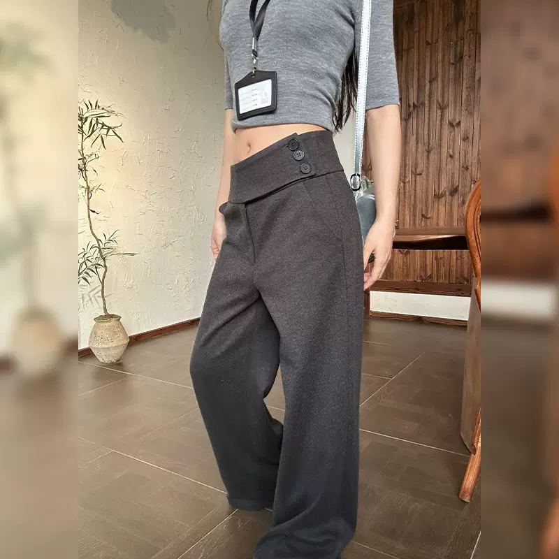 2026新款高腰阔腿裤女复古纽扣毛呢西装裤春款通勤休闲裤子批发