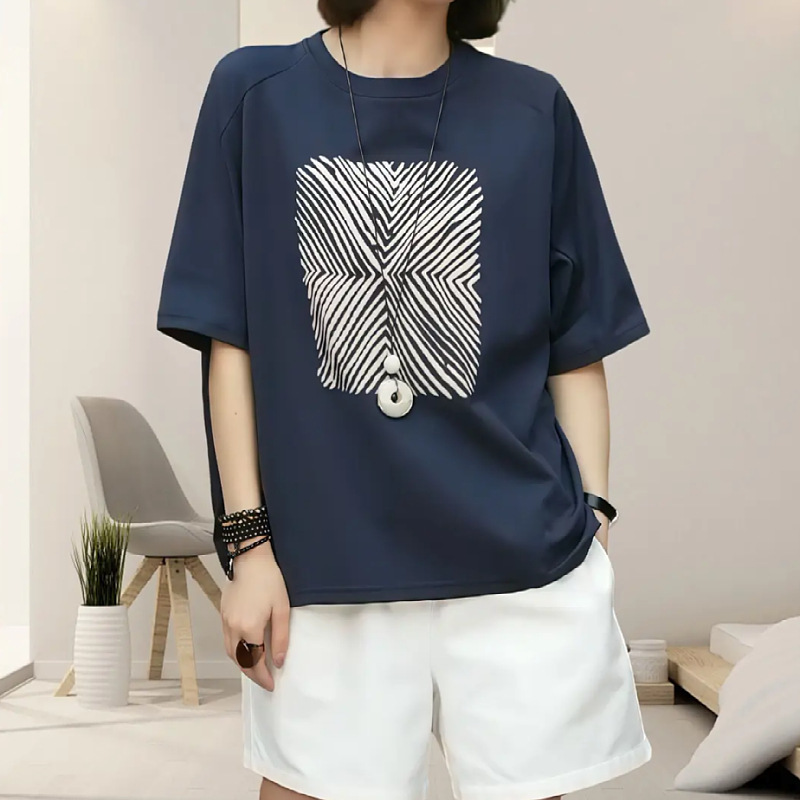 大码重磅藏青色短袖T恤女夏季新款时尚休闲百搭胖mm显瘦宽松上衣|undefined