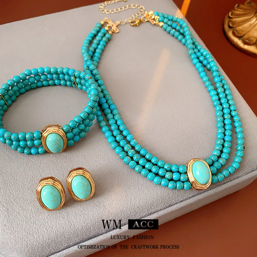 Medieval vintage multicapa set de piedra verde moda versátil bohemia joyas estilo étnico retro