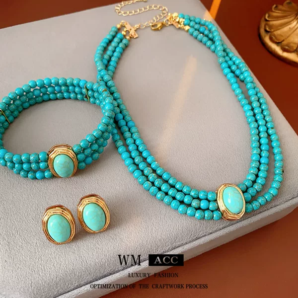 Vintage Multi-Layered Green Stone Set, Fashionable and Versatile Bohemian Jewelry, Retro Ethnic Style Accessories