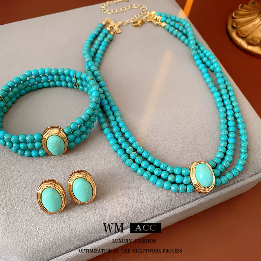 中古vintage多层绿石头套装时尚百搭波西米亚首饰复古民族风饰品