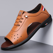 凉鞋男士2025夏季新款一脚蹬真皮罗马休闲镂空洞洞沙滩鞋一件代发