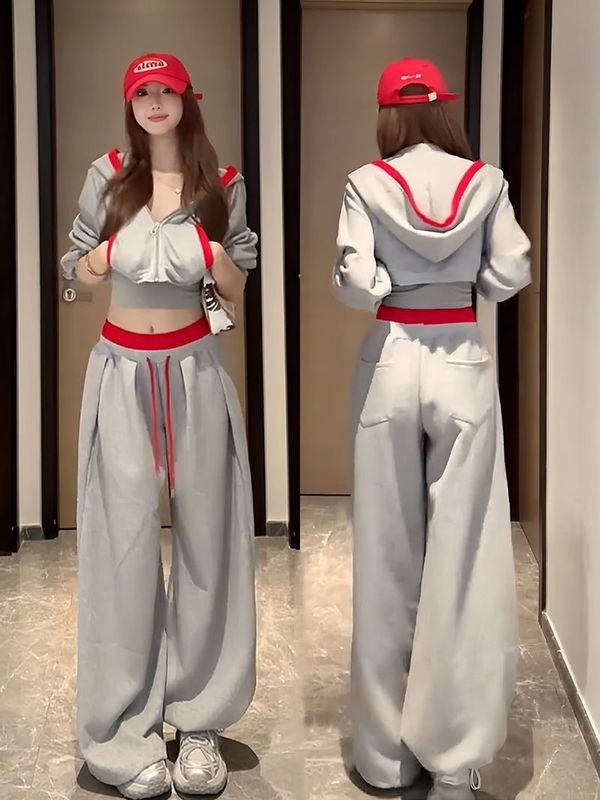 山力达迪休闲时尚运动套装女早秋拼色大兜帽短款卫衣抽绳宽松阔腿|undefined