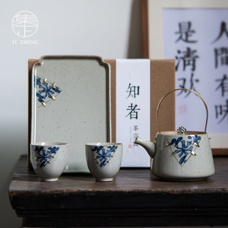 Antique Blue And White Kung Fu Tea Set Copper Handle Beam Pot One Pot Two Cups Dry Brewing Plate Ceramic Household Tea Cup Set