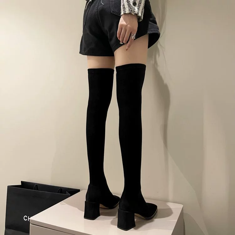 Сапоги выше колена Женские осенне-зимние сапоги на массивном каблуке на высоком каблуке 2023 Новые однотонные замшевые сапоги с квадратным носком