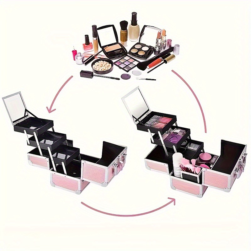 Caja de maquillaje portátil de aleación de aluminio, caja de almacenamiento grande