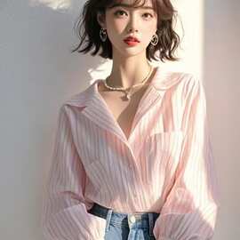 粉色条纹长袖衬衫春装女款2025年新款小衫感漂亮上衣