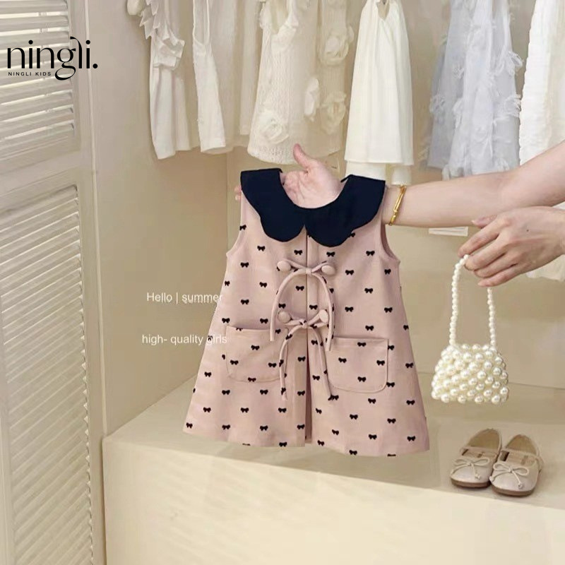 [Cool Sense] Girl's Summer Lotus Root Pink Color Vest Dress Baby's Western-style Cute Bow dress Princess Dress Trendy