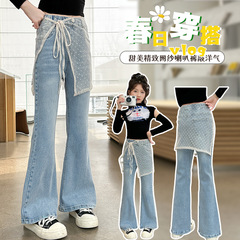 女童牛仔網紗喇叭褲春季2024新款女孩洋氣時尚褲子兒童彈力微喇褲