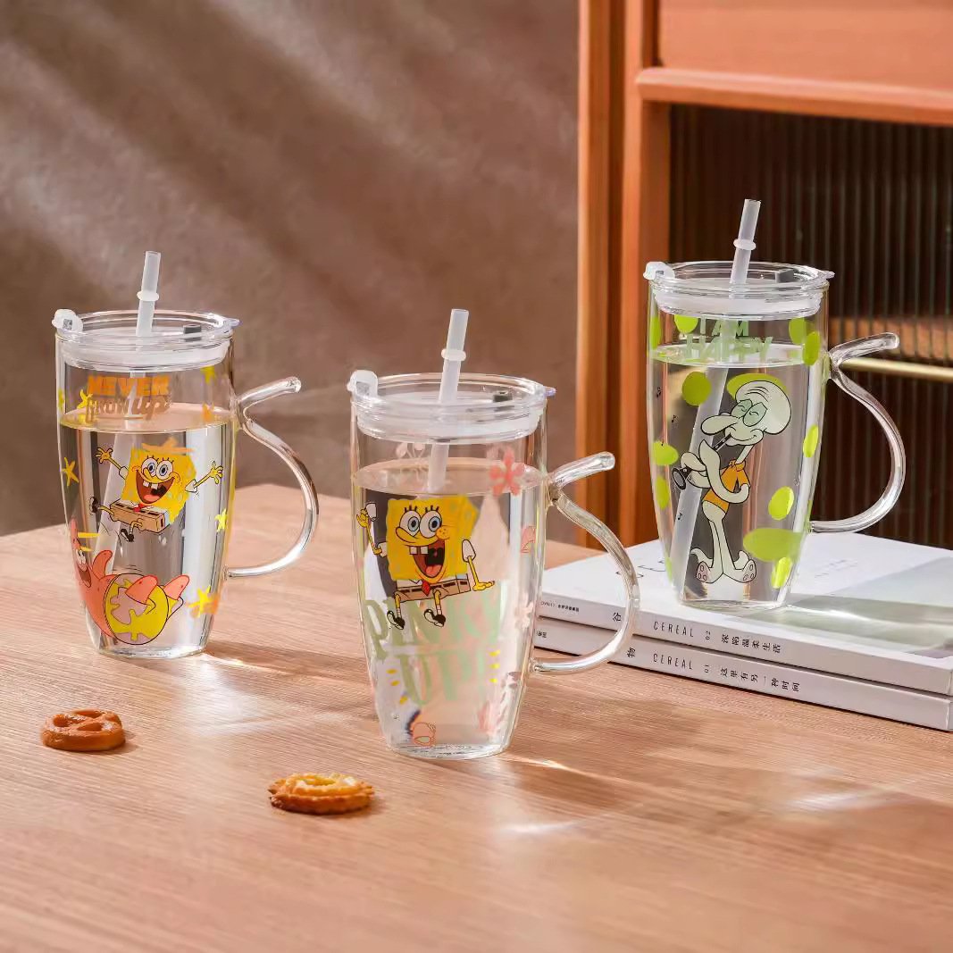 Auténtico autorizado SpongeBob de gran capacidad de vidrio de dibujos animados taza de agua de paja de alto valor de regalo de taza de marca