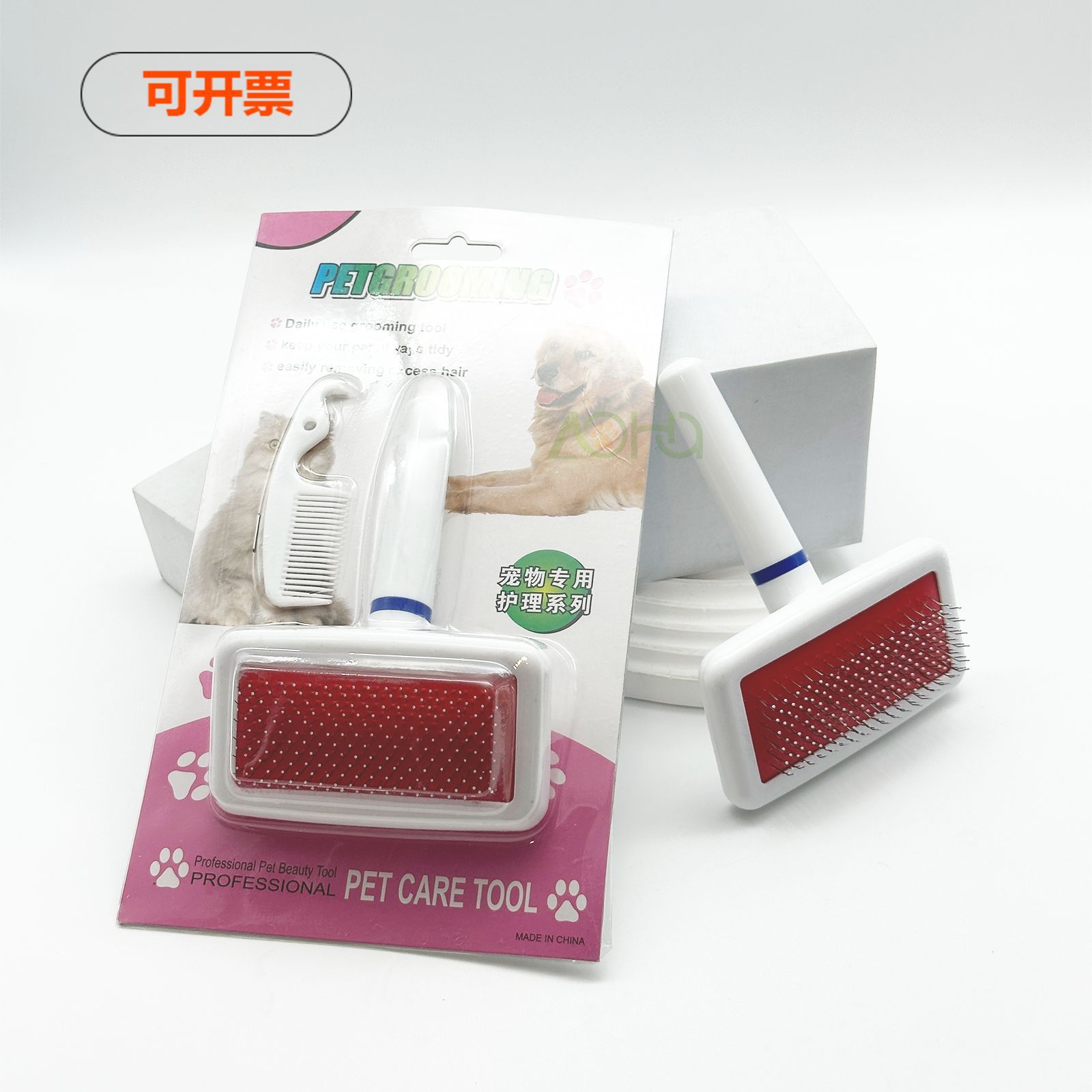 애완용품 흰색 플라스틱 손잡이가 있는 소형 스테인리스 바늘빗 미용 에어백 보호 헤드 바늘빗 애완견용