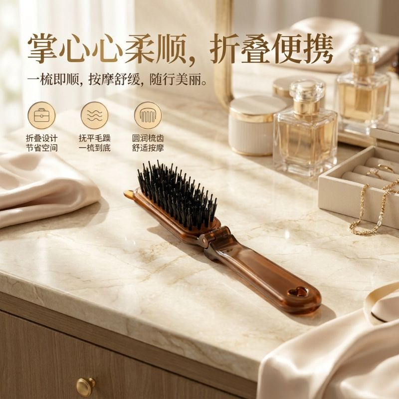 Amber-colored cat-ear folding hair comb, anti-static smoothing comb, portable, non-pulling, home-use volumizing styling comb