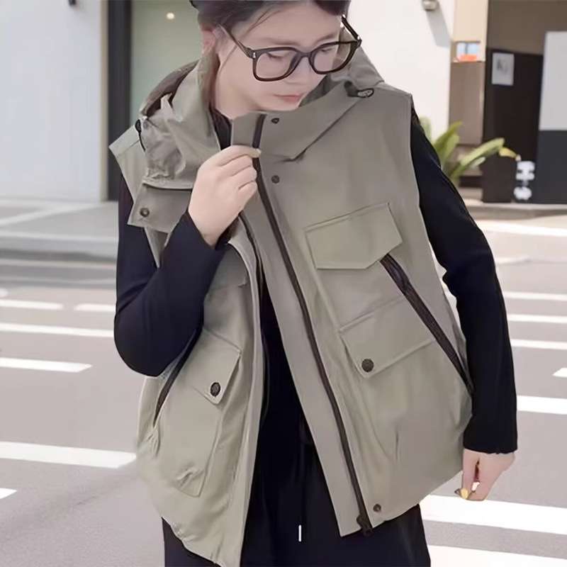 Workwear Hooded Vest for Women 2026 Autumn Loose Large Pocket Outerwear Vest Jacket Summer Thin Breathable