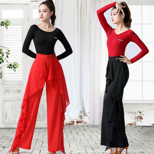 Black red High waist fringe Latin ballroom dance pants for women salsa rumba flowy side with ruffles dance trousers wide-legged pants dance long pants for woman