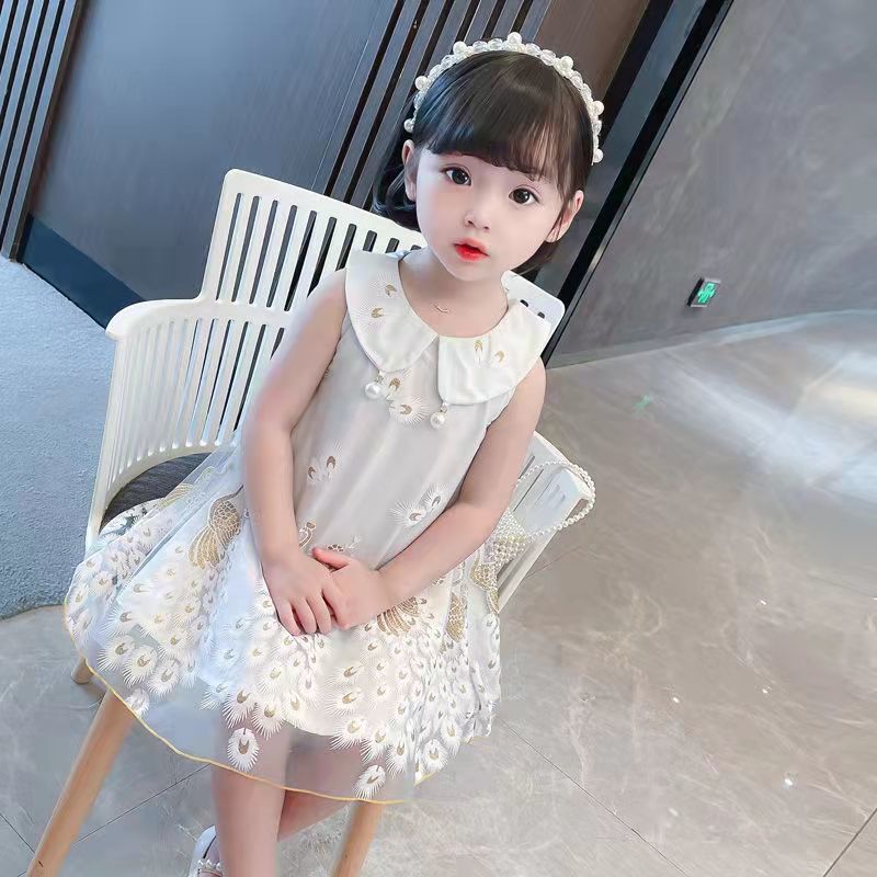 女の子ドレスサマードレス 2025 新しい子供の孔雀インターネットセレブスタイルプリンセスドレス少女ベビーガールドレス|undefined