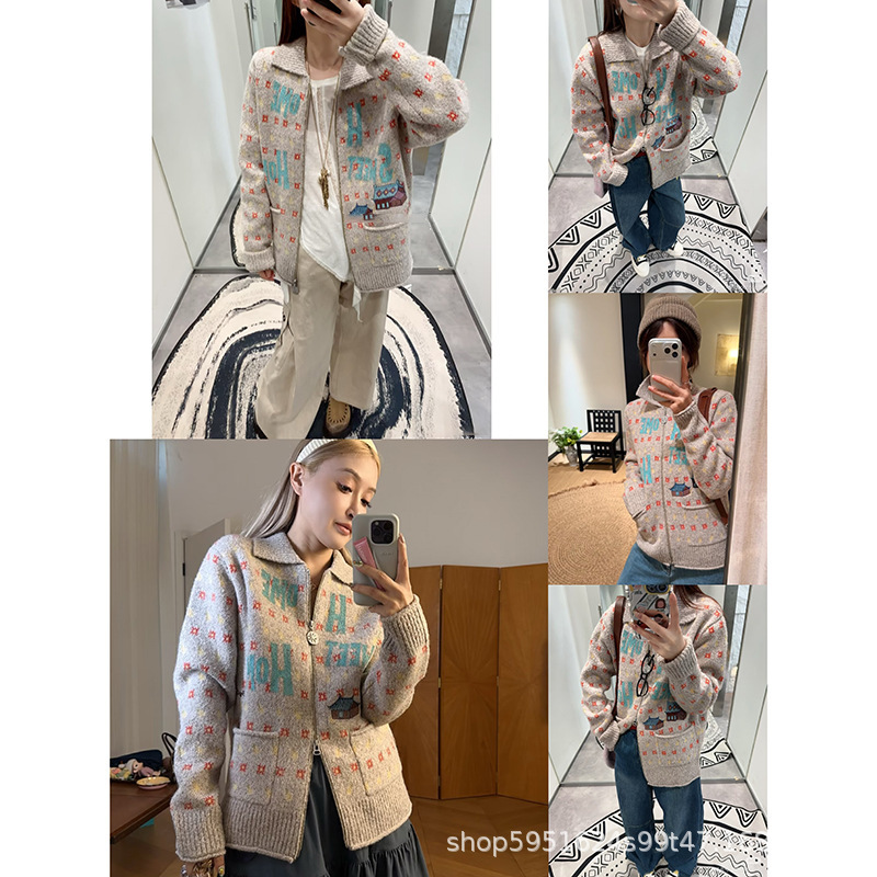 高品质2025秋冬新款刺绣碎花休闲百搭宽松毛衣外套开衫女潮牌