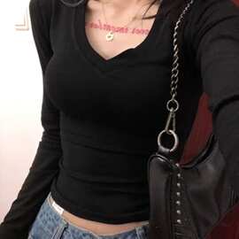 辣妹领紧身正肩长袖恤女春秋冬内搭打底衫修身收腰黑色短款上衣