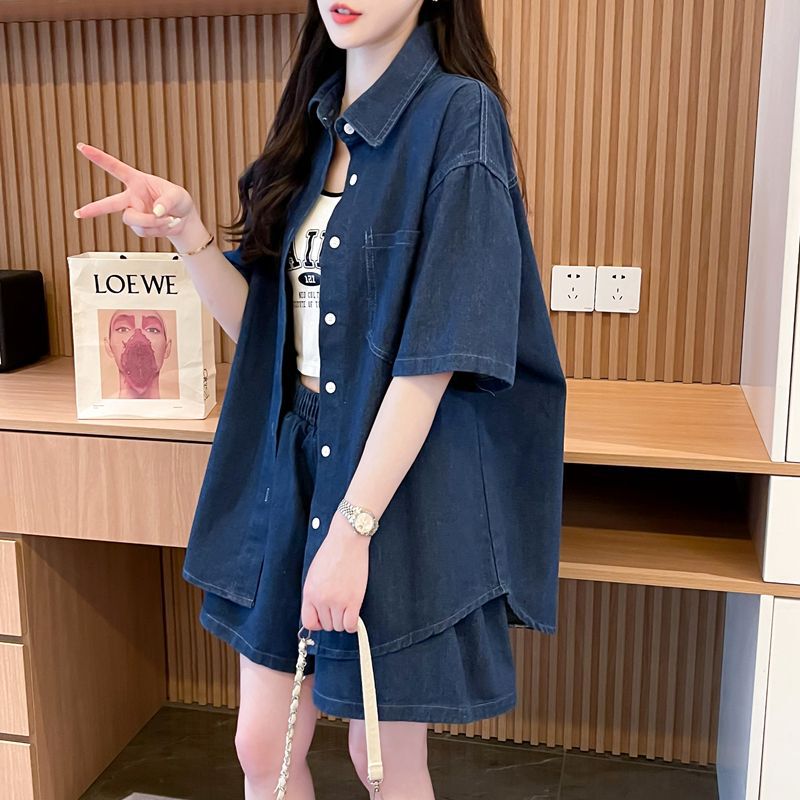 Vintage Trendy Brand Denim Two-Piece Set for Women Summer Turn-Down Collar Mid-Length Fashion Shirt Half-Sleeve Shorts