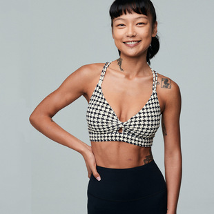 Black Stripesd Print Yoga Wear Push-Up Shock-Proof Sports Bra Sexy Cross Sling Beautiful Back Bra with Chest Pad