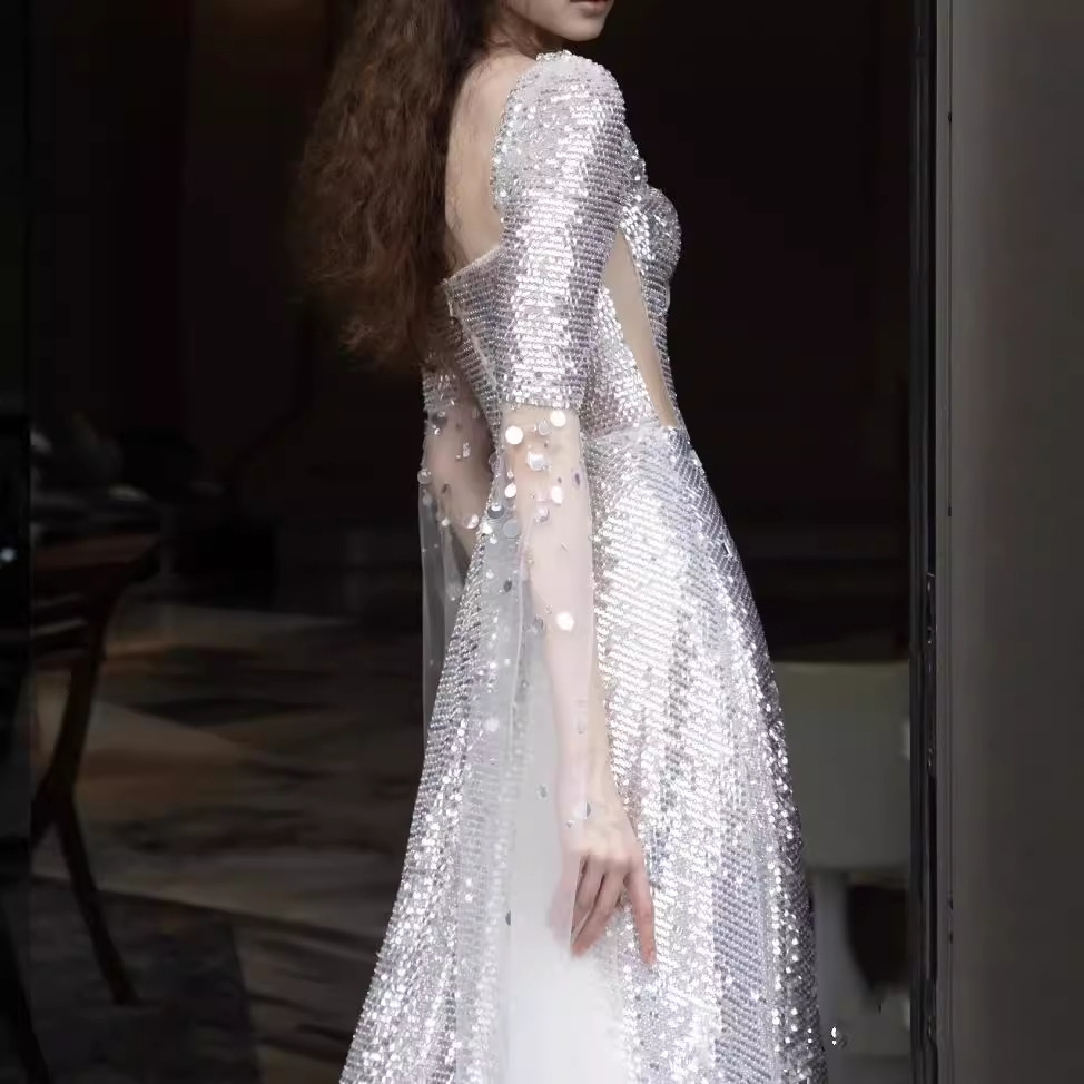 Women's Silver Sequined Off-The-Shoulder Evening Gown Hepburn Style Starry Sky Party Toast Dress Model Runway Annual Event_ecoleips.com