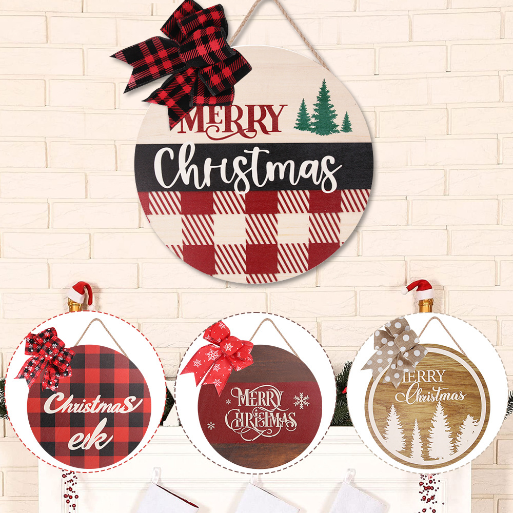Christmas Wooden Door Pendant Holiday Party Decoration Christmas Decoration Bow Round Wooden Pendant