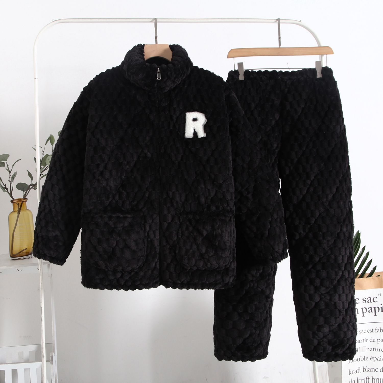 Homewear Simple Pajamas for Men Thickeneded Flannel Quilted Fleece-Lined Three-Layer Suit for Middle-Aged and Elderly People at Home in Winter