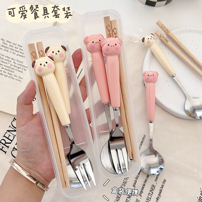 귀여운 만화 스테인레스 스틸 식기 포크 스푼 젓가락 세트 높은 가치의 스테인레스 스틸 학생 휴대용 식기