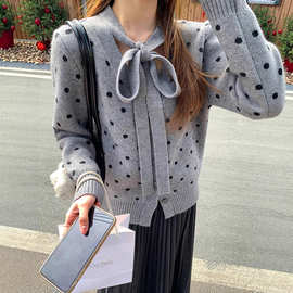 韩系V领灰色波点长袖针织开衫女秋季宽松显瘦毛衣外套短款上衣潮