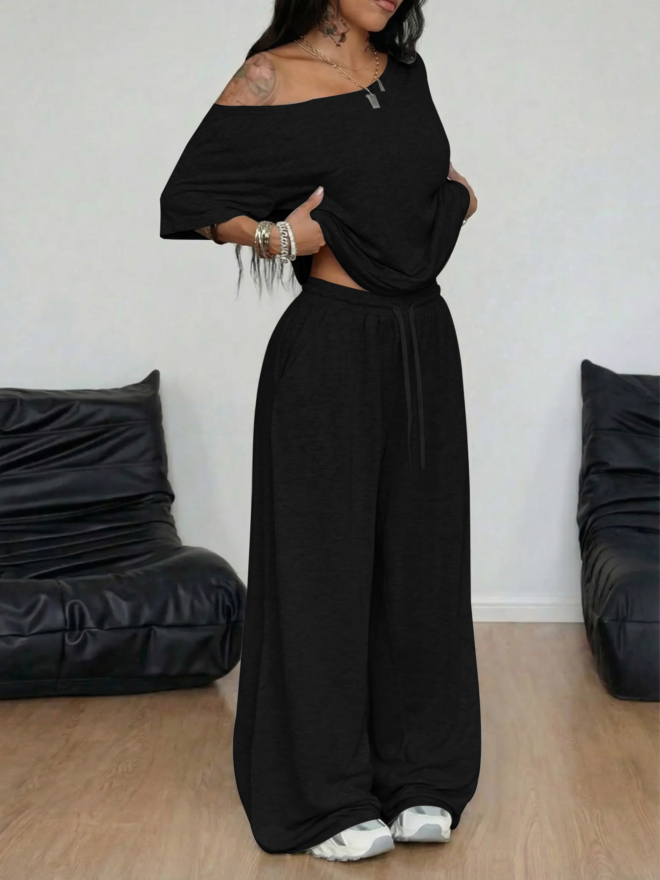 Women's Pant Sets Solid Color Casual Loose Wide Leg Two Piece Suit_voghion.com