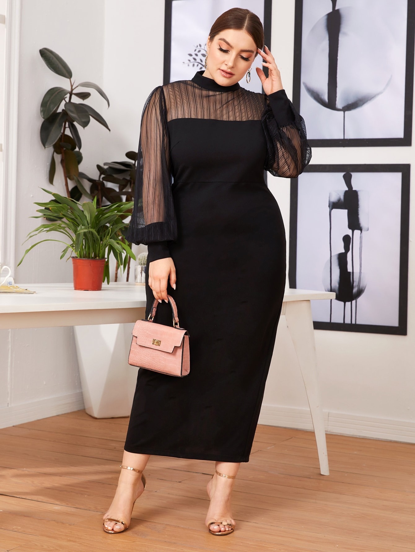 plus size mesh stitching half-high collar see-through bag hip long dress NSCX53368