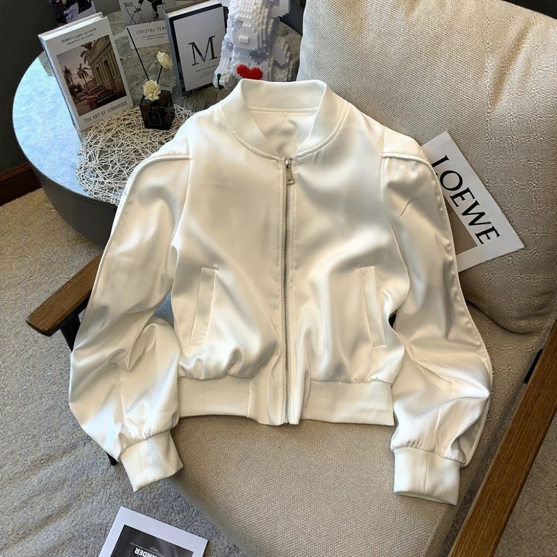 White women's short padded shoulder spring jacket 2026 black baseball jacket with stand-up collar and zipper White women's short padded shoulder spring jacket 2026 black baseball jacket with stand-up collar and zipper