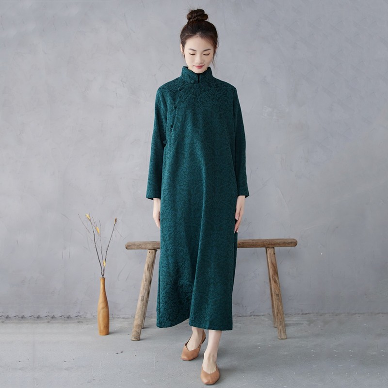 Elegant Dark Green Cheongsam Cotton Linen Long Sleeve Brand Spring and Autumn Chinese Style Modified Loose plus size Women's Gown dress Long