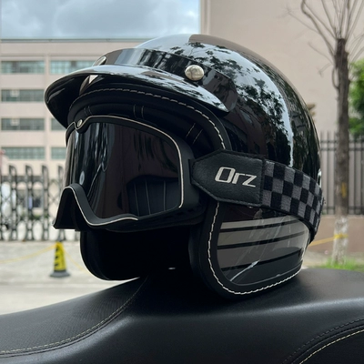 certification 3/4 helmet winter retro half, Motosiklet dəbilqələri - m-bright-black-retro-style-retro-black-tea-goggles