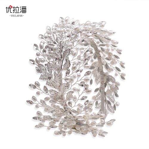 Youlapan bridal handmade pearl wide headband gold leaf rhinestone style headband hair headband HP322