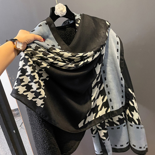  new Korean style houndstooth fashion temperament cotton and linen scarf women's dual-use neck scarf to keep out the cold shawl silk scarf