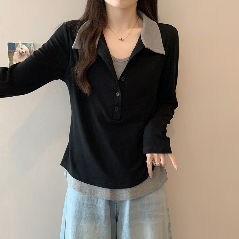 实拍2025秋装新款胖mm大码女休闲百搭polo领撞色假两件长袖上衣|undefined