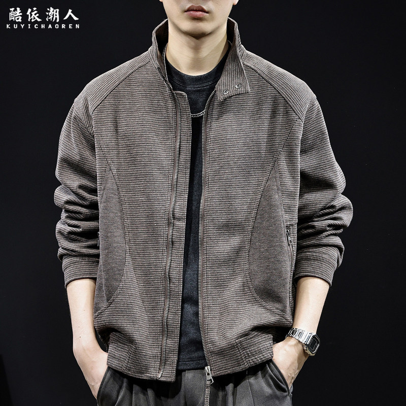 "Old Money Style" high-end wool blend stand-up collar zip-up jacket for men, loose fit, casual, brown houndstooth pattern "Old Money Style" high-end wool blend stand-up collar zip-up jacket for men, loose fit, casual, brown houndstooth pattern