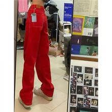 红色牛仔裤女裤夏季新款美式高腰街头百搭直筒阔腿长裤潮